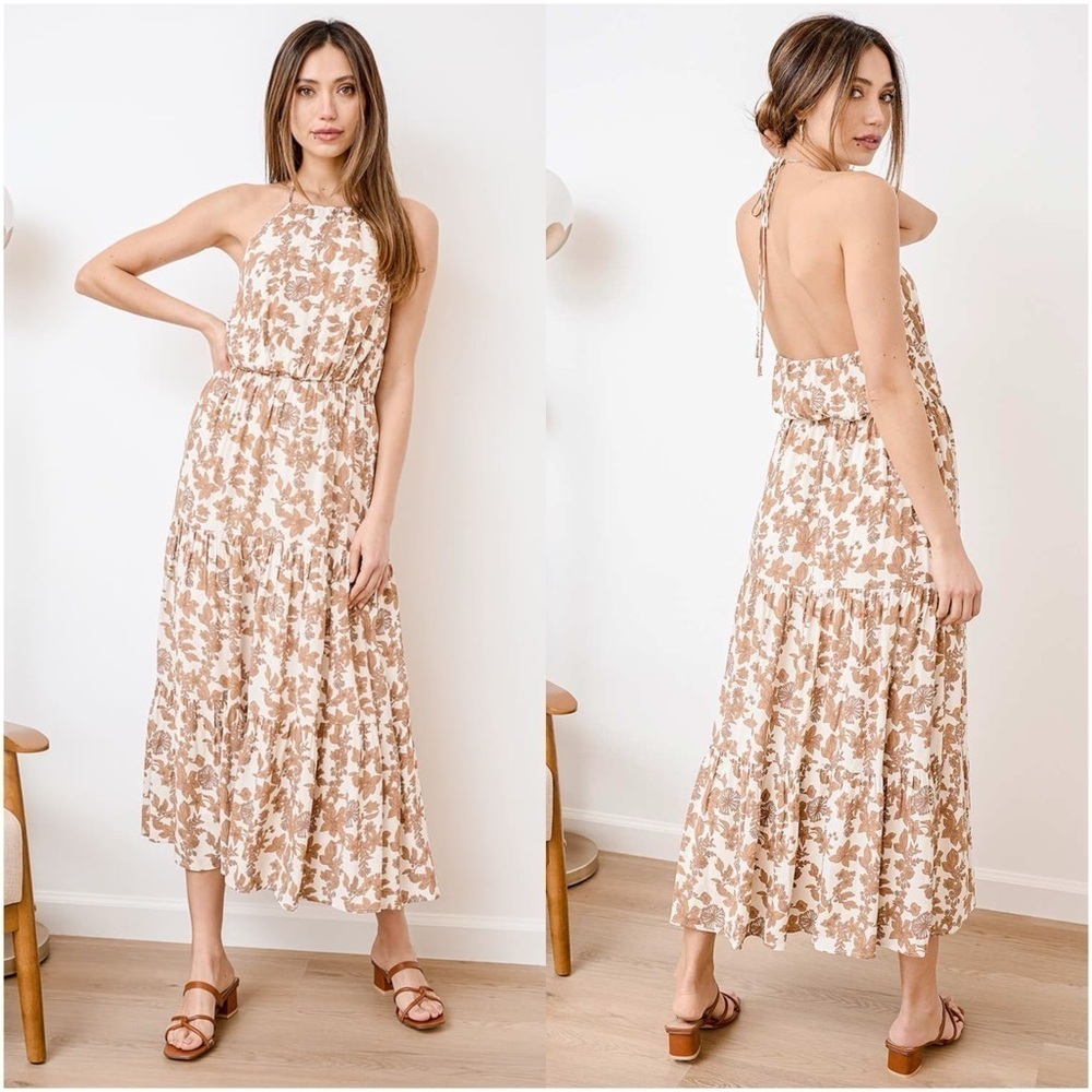 LULU’S Keep It Sweet Ivory Floral Print Halter Tiered Midi Dress